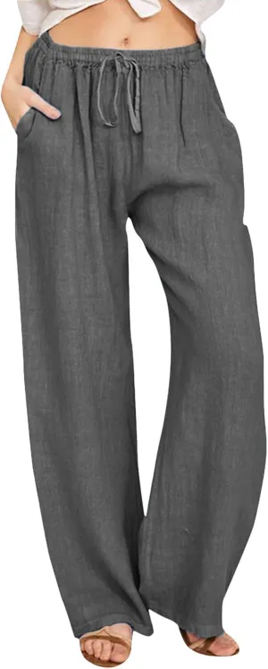 Drawstring Pants Women High Waisted Cotton Linen Wide Leg Summer Trouser Casual Loose Fit Palazzo Pull On Sweatpant