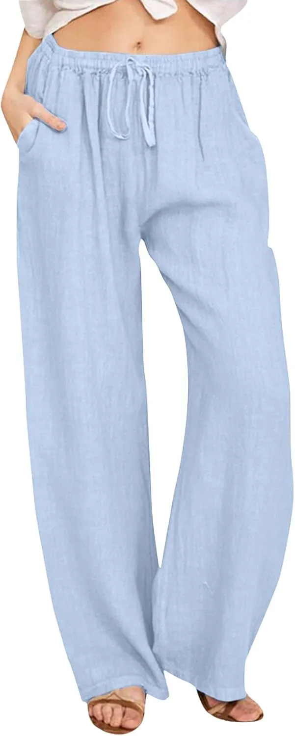 Drawstring Pants Women High Waisted Cotton Linen Wide Leg Summer Trouser Casual Loose Fit Palazzo Pull On Sweatpant