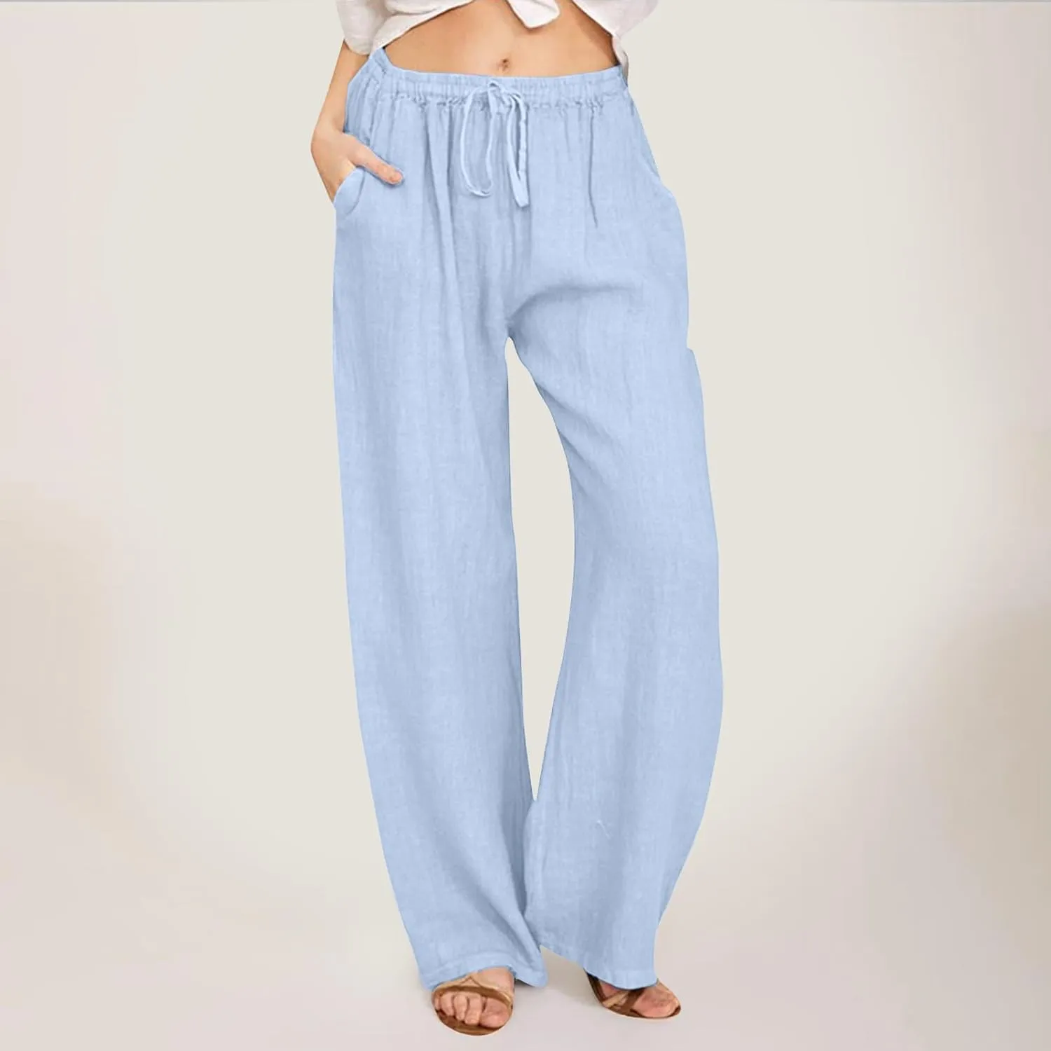 Drawstring Pants Women High Waisted Cotton Linen Wide Leg Summer Trouser Casual Loose Fit Palazzo Pull On Sweatpant