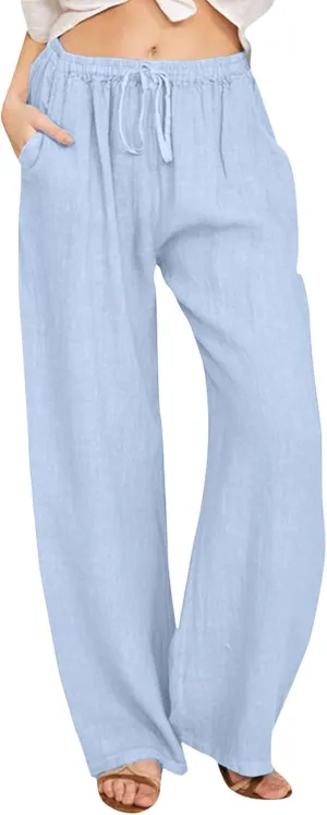 Drawstring Pants Women High Waisted Cotton Linen Wide Leg Summer Trouser Casual Loose Fit Palazzo Pull On Sweatpant