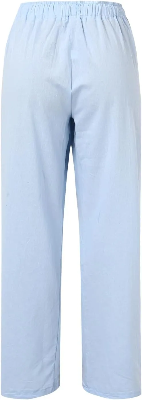 Drawstring Pants Women High Waisted Cotton Linen Wide Leg Summer Trouser Casual Loose Fit Palazzo Pull On Sweatpant