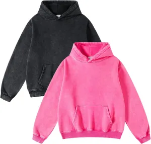 FAIABLE 2 Pack Acid Wash Oversized Vintage Unisex Heavyweight Distressed Cotton Fleece Washed Hoodie for Men Women Couples Streetwear College Black Pink
