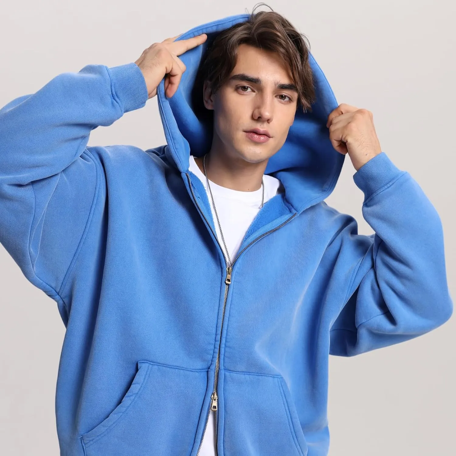 FAIABLE Mens Womens Double Zip Up Hoodie Oversized Acid Wash Hoodies Heavyweight Fleece Cotton Zipper Hoodie Vintage