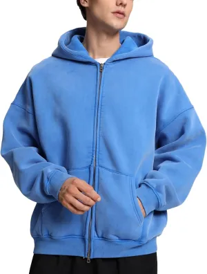 FAIABLE Mens Womens Double Zip Up Hoodie Oversized Acid Wash Hoodies Heavyweight Fleece Cotton Zipper Hoodie Vintage