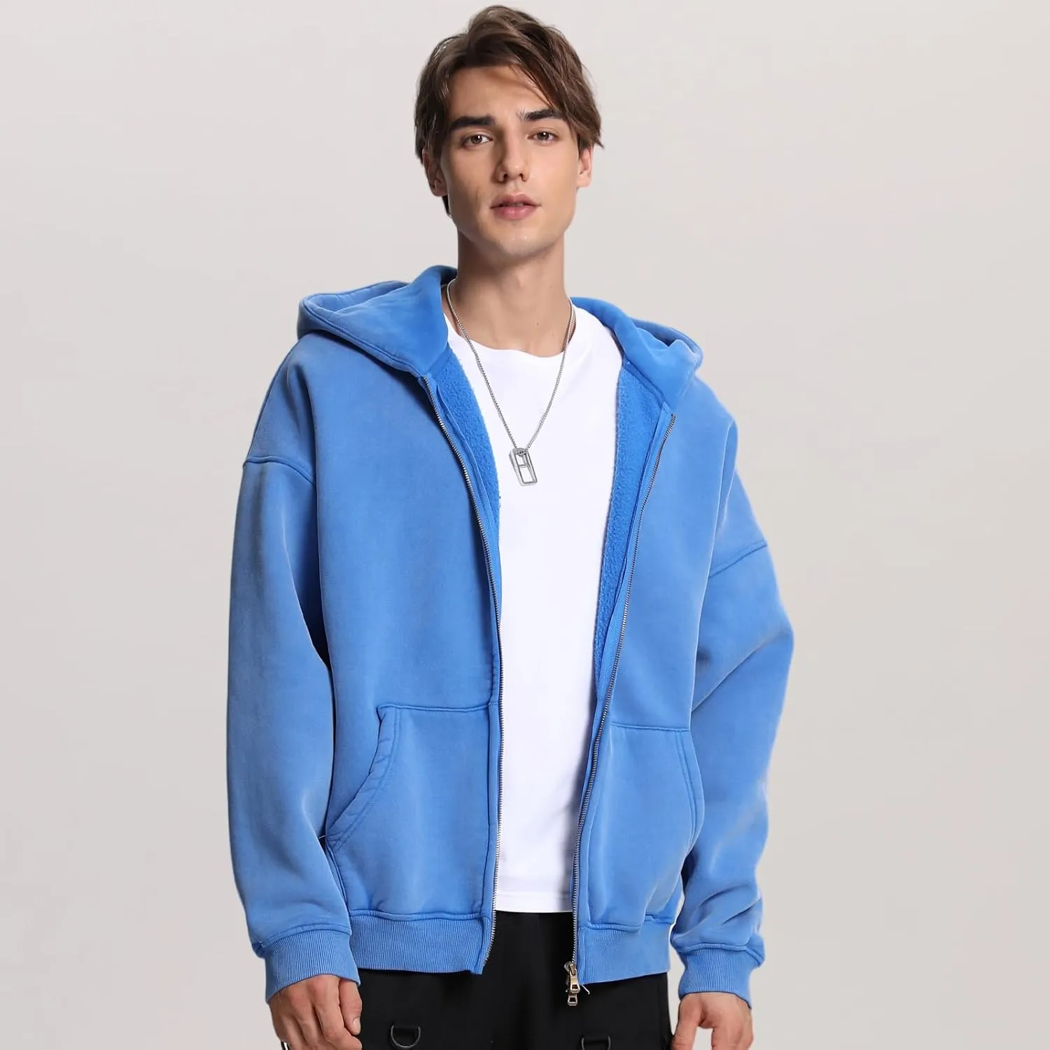 FAIABLE Mens Womens Double Zip Up Hoodie Oversized Acid Wash Hoodies Heavyweight Fleece Cotton Zipper Hoodie Vintage