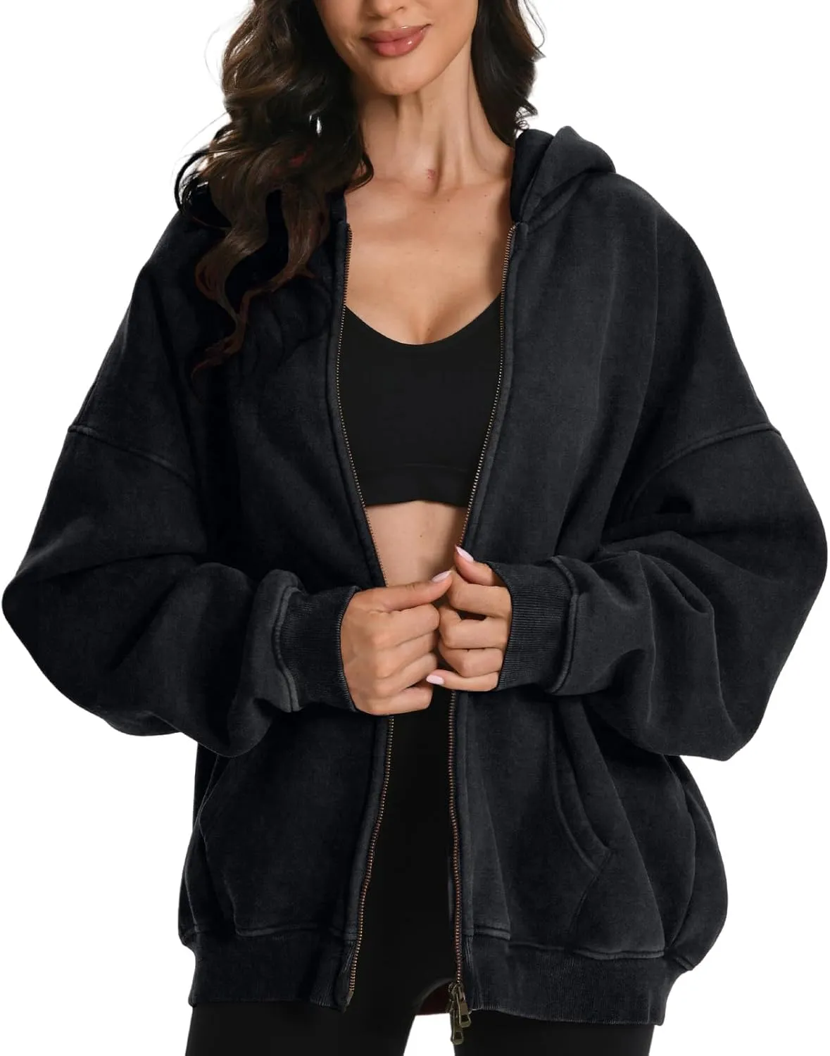 FAIABLE Womens Mens Zip Up Hoodie Oversized Acid Wash Hoodies Heavyweight Distress Cotton Fleece Zipper Hoodie Vintage