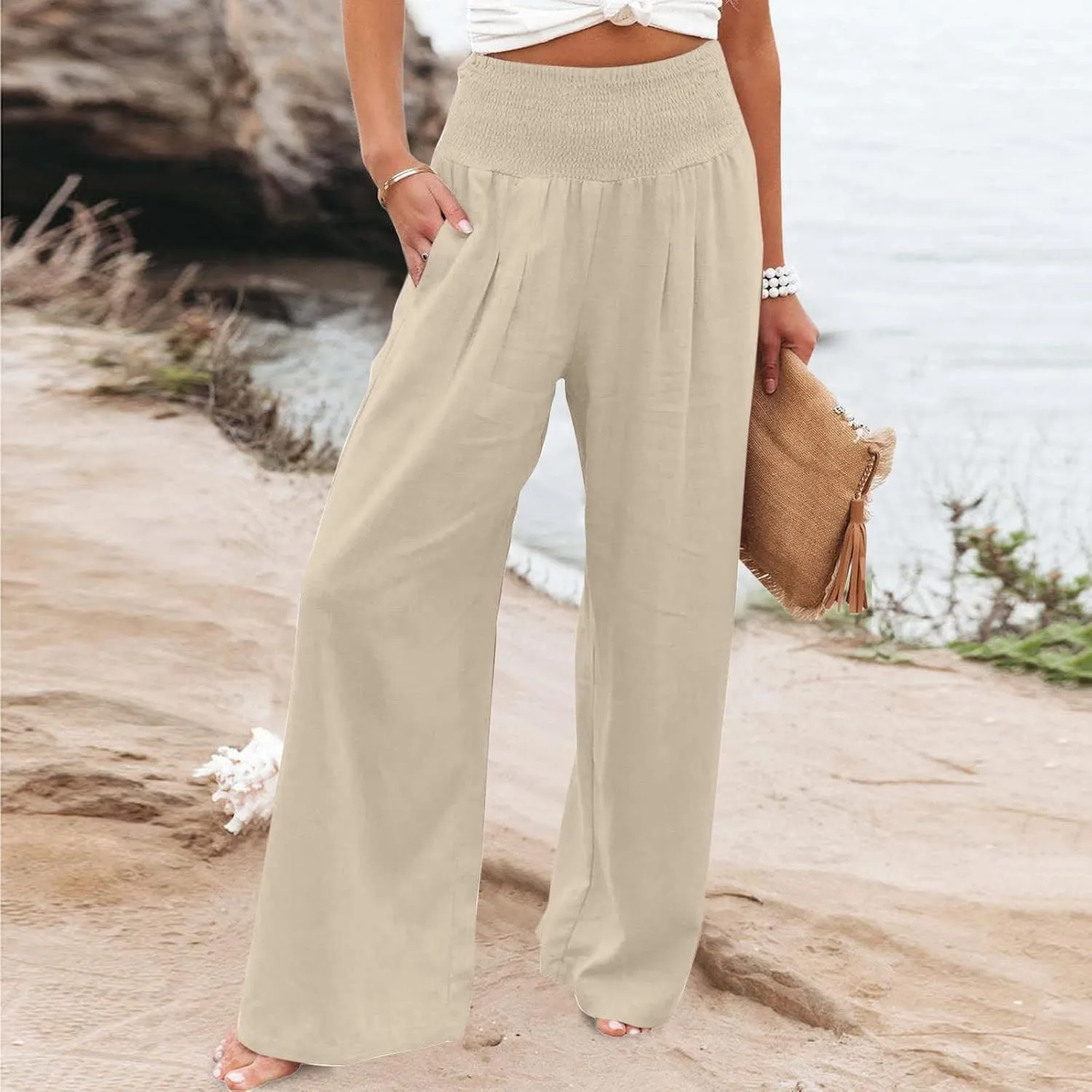 Firzero Wide Leg Trousers Women Plus Size Elastic High Waist Straight Pants 2024 Summer Casual Cotton Linen Beach Pants