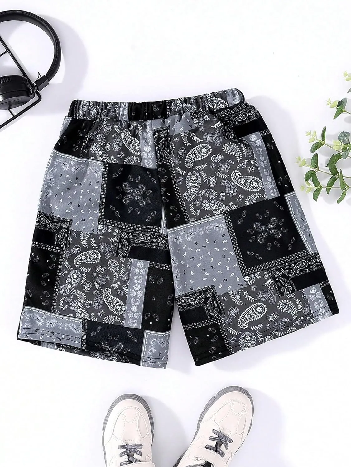 Floerns Boy's Patchwork Drawstring Waist Printed Summer Boho Track Shorts