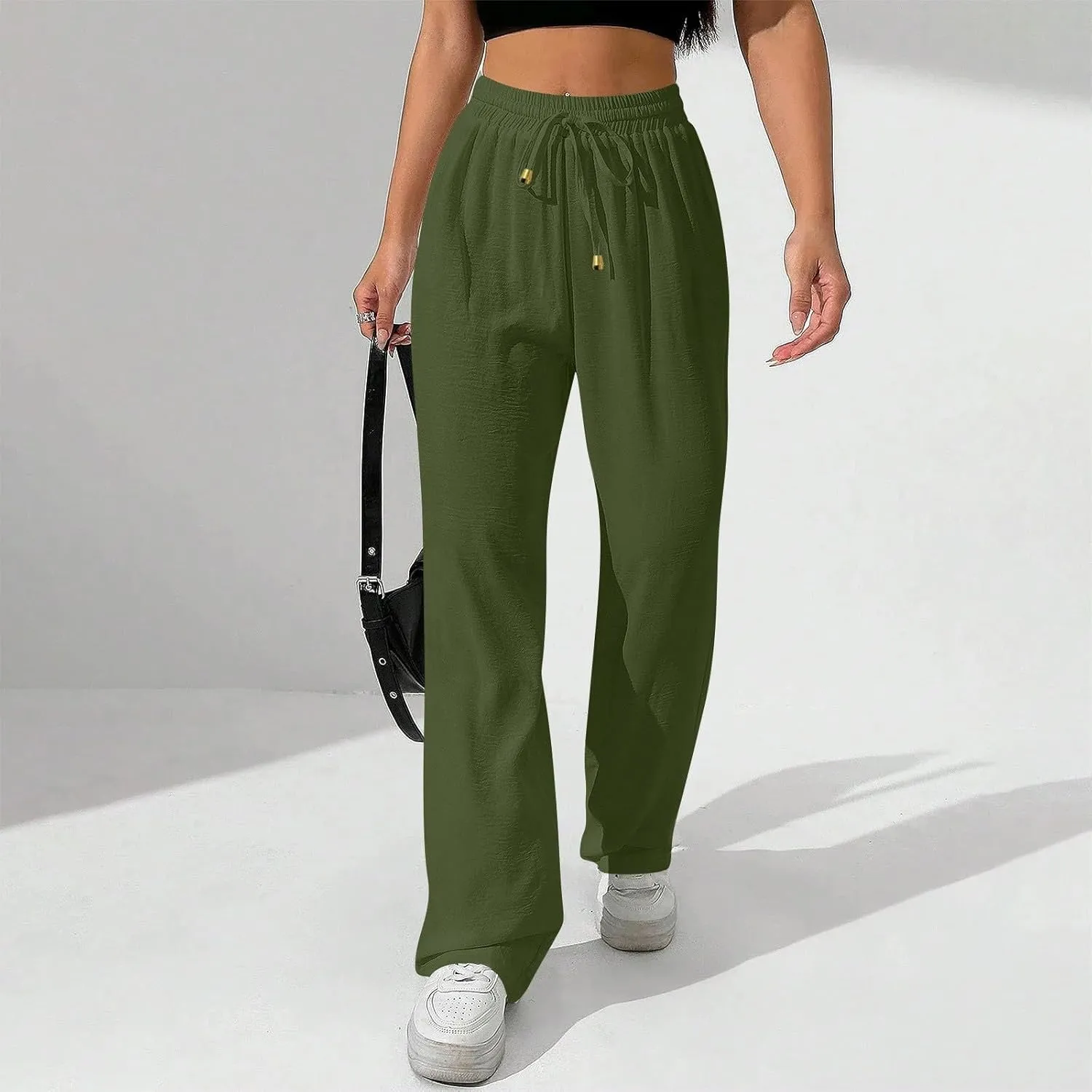 Flowy Linen Pants for Women Summer Wide Legs Pants Drawstring High Waisted Trouser Dressy Palazzo Pant with Pockets