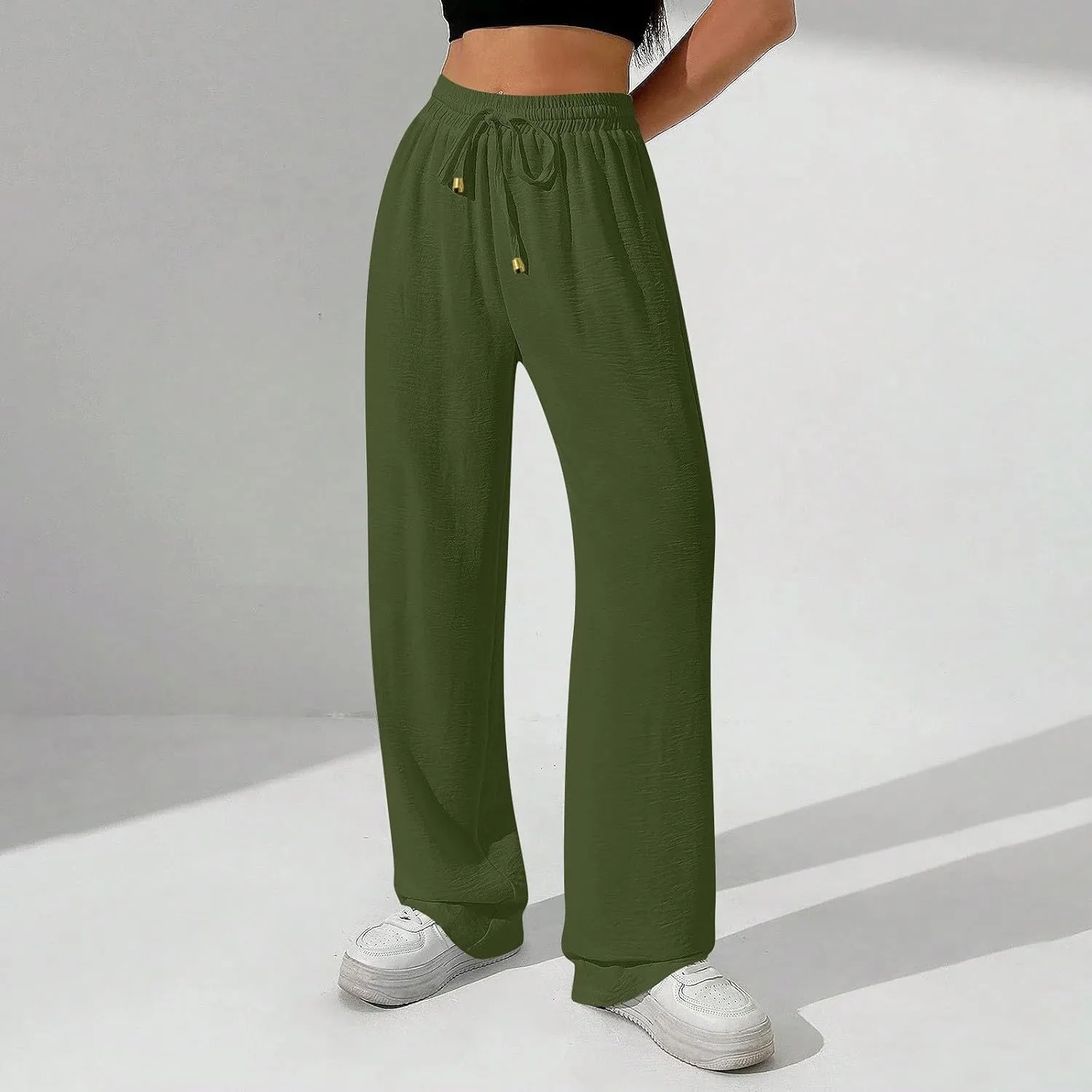 Flowy Linen Pants for Women Summer Wide Legs Pants Drawstring High Waisted Trouser Dressy Palazzo Pant with Pockets
