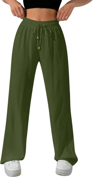 Flowy Linen Pants for Women Summer Wide Legs Pants Drawstring High Waisted Trouser Dressy Palazzo Pant with Pockets