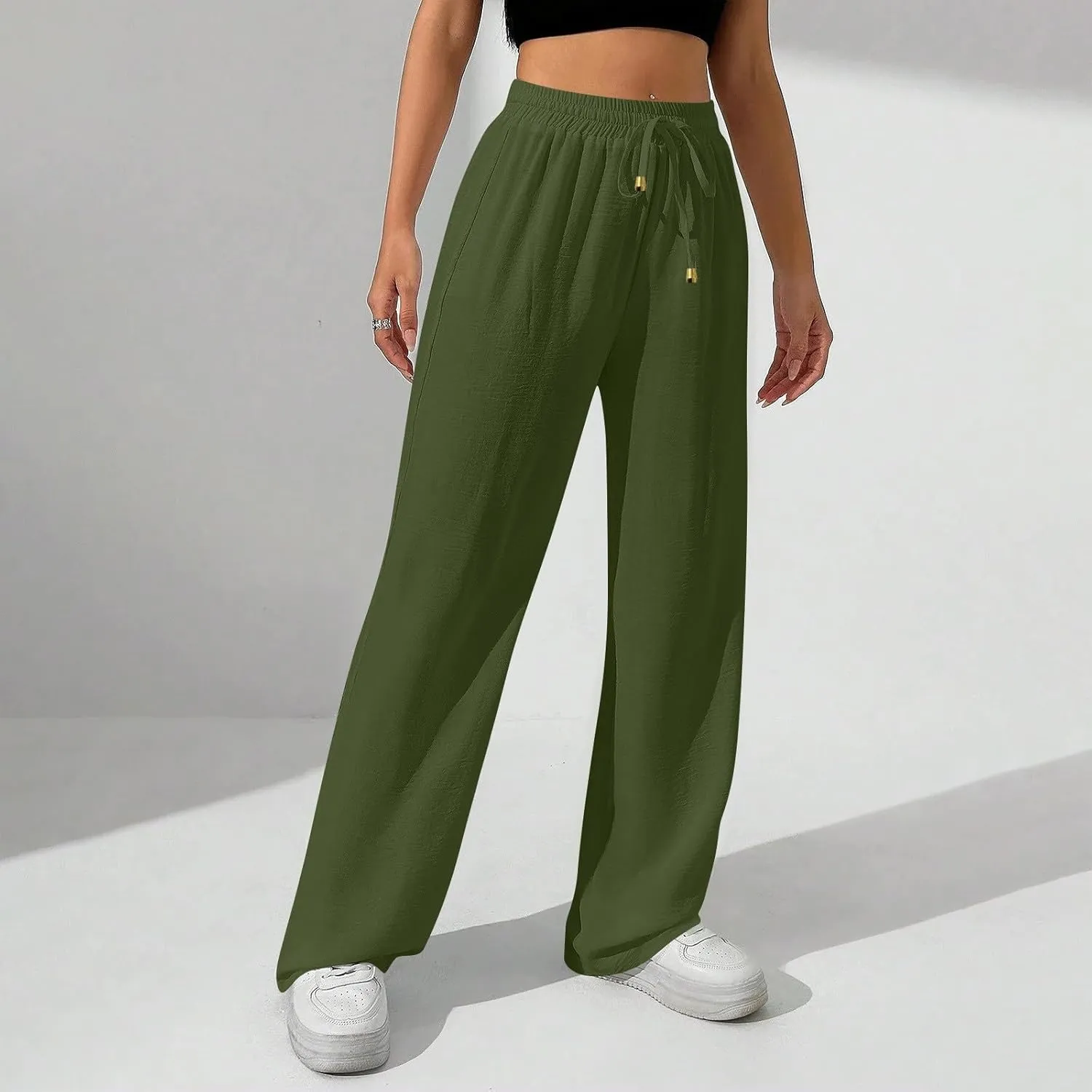 Flowy Linen Pants for Women Summer Wide Legs Pants Drawstring High Waisted Trouser Dressy Palazzo Pant with Pockets