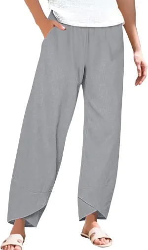GIERIDUC Cotton Linen Pants Women Summer Boho Pants Lightweight Hight Waist Linen Vacation Beach Pants Pockets Resort Wear