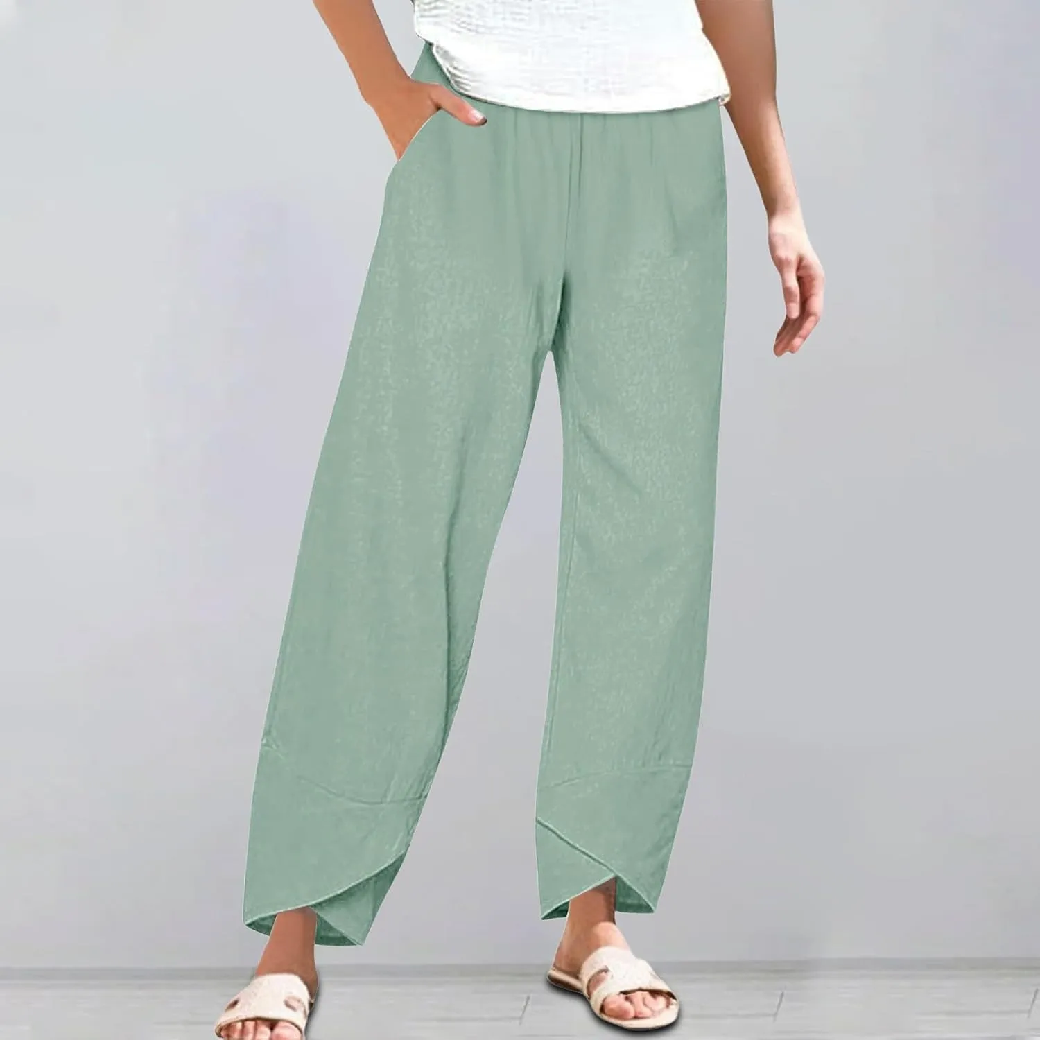 GIERIDUC Cotton Linen Pants Women Summer Boho Pants Lightweight Hight Waist Linen Vacation Beach Pants Pockets Resort Wear