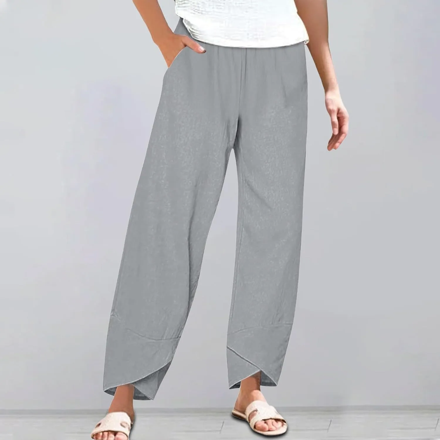 GIERIDUC Cotton Linen Pants Women Summer Boho Pants Lightweight Hight Waist Linen Vacation Beach Pants Pockets Resort Wear