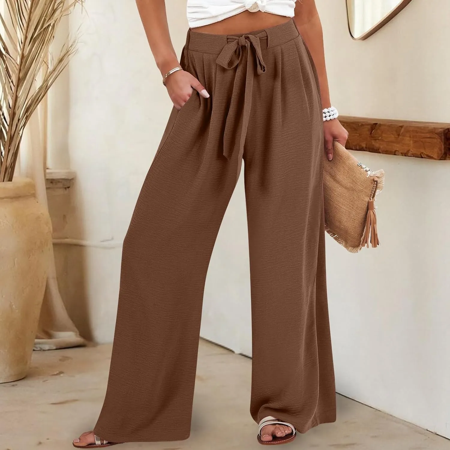 GIERIDUC Linen Palazzo Pants for Women Casual Loose Beach Straight Wide Leg Flowy Trousers High Waisted Tie Knot Lounge Pant