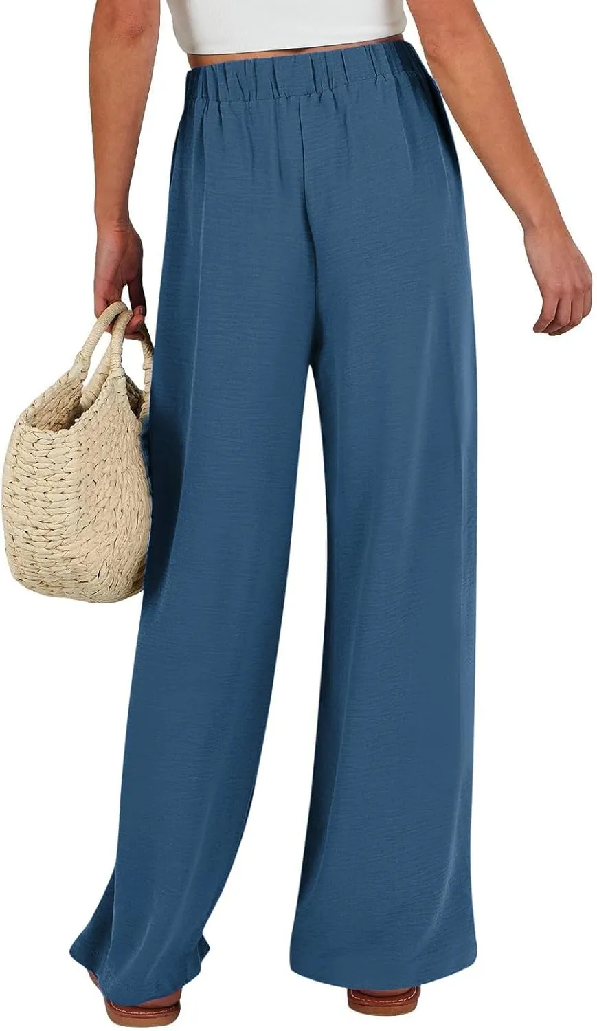 GIERIDUC Linen Palazzo Pants for Women Casual Loose Beach Straight Wide Leg Flowy Trousers High Waisted Tie Knot Lounge Pant