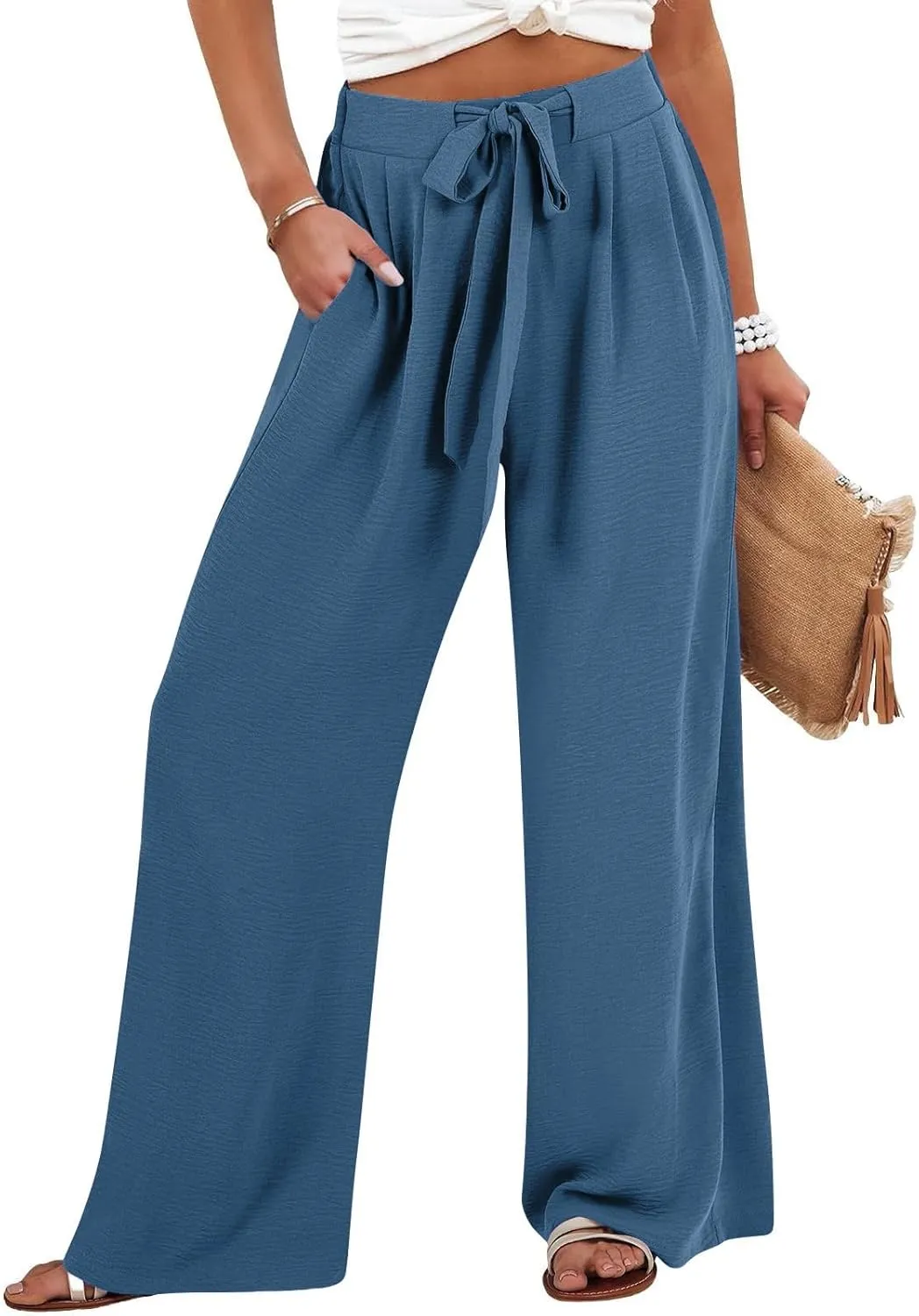 GIERIDUC Linen Palazzo Pants for Women Casual Loose Beach Straight Wide Leg Flowy Trousers High Waisted Tie Knot Lounge Pant