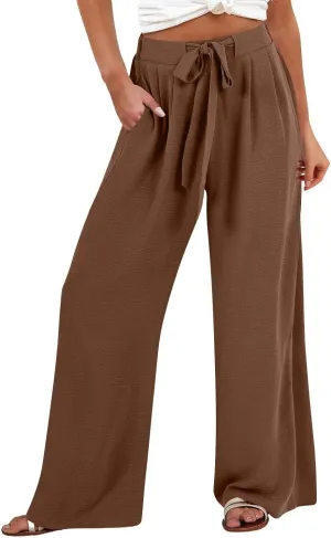 GIERIDUC Linen Palazzo Pants for Women Casual Loose Beach Straight Wide Leg Flowy Trousers High Waisted Tie Knot Lounge Pant