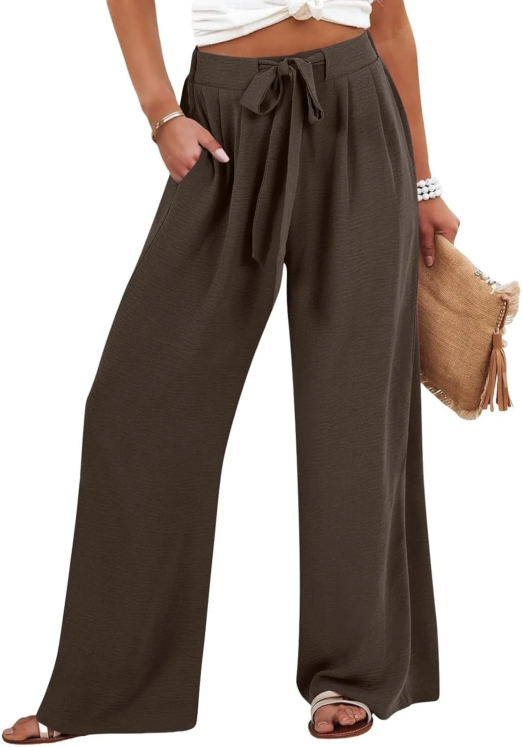 GIERIDUC Linen Palazzo Pants for Women Casual Loose Beach Straight Wide Leg Flowy Trousers High Waisted Tie Knot Lounge Pant