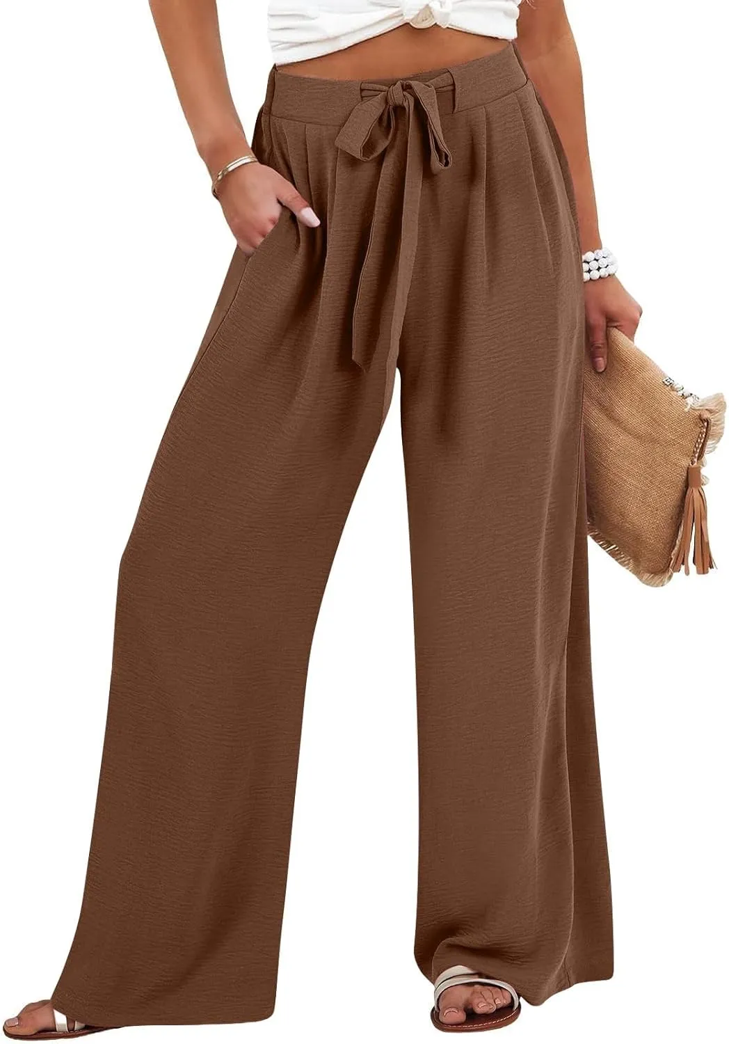 GIERIDUC Linen Palazzo Pants for Women Casual Loose Beach Straight Wide Leg Flowy Trousers High Waisted Tie Knot Lounge Pant