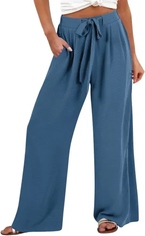 GIERIDUC Linen Palazzo Pants for Women Casual Loose Beach Straight Wide Leg Flowy Trousers High Waisted Tie Knot Lounge Pant