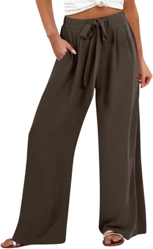 GIERIDUC Linen Palazzo Pants for Women Casual Loose Beach Straight Wide Leg Flowy Trousers High Waisted Tie Knot Lounge Pant