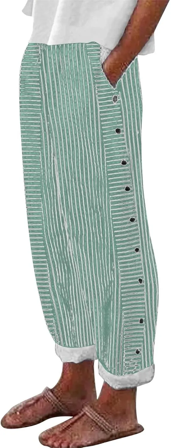 GIERIDUC Striped Linen Pants Women Cropped Side Button Trim Elastic Waist Capris Lightweight Summer Beach Trouser with Pocket