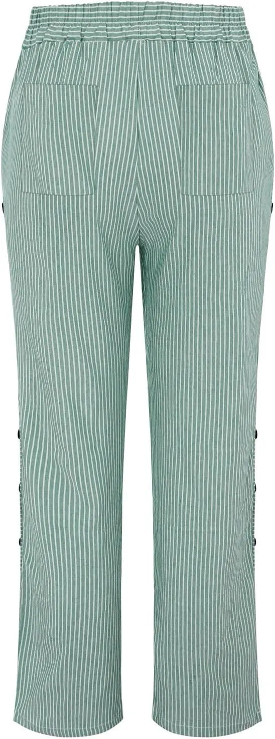 GIERIDUC Striped Linen Pants Women Cropped Side Button Trim Elastic Waist Capris Lightweight Summer Beach Trouser with Pocket