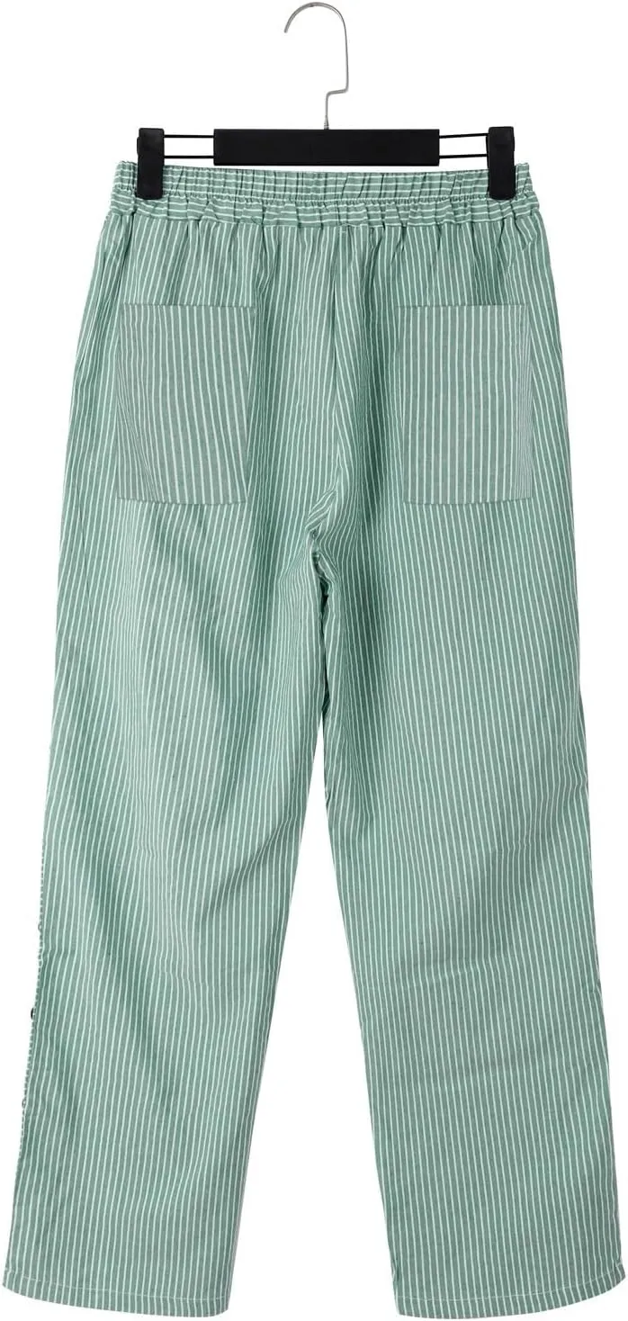 GIERIDUC Striped Linen Pants Women Cropped Side Button Trim Elastic Waist Capris Lightweight Summer Beach Trouser with Pocket
