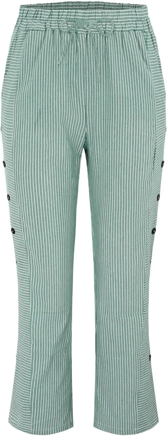GIERIDUC Striped Linen Pants Women Cropped Side Button Trim Elastic Waist Capris Lightweight Summer Beach Trouser with Pocket