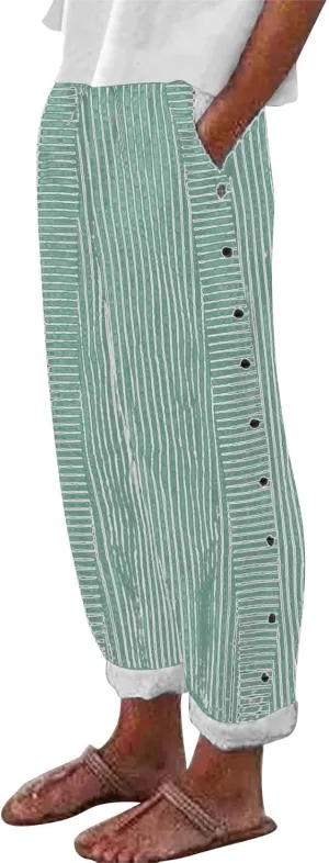 GIERIDUC Striped Linen Pants Women Cropped Side Button Trim Elastic Waist Capris Lightweight Summer Beach Trouser with Pocket