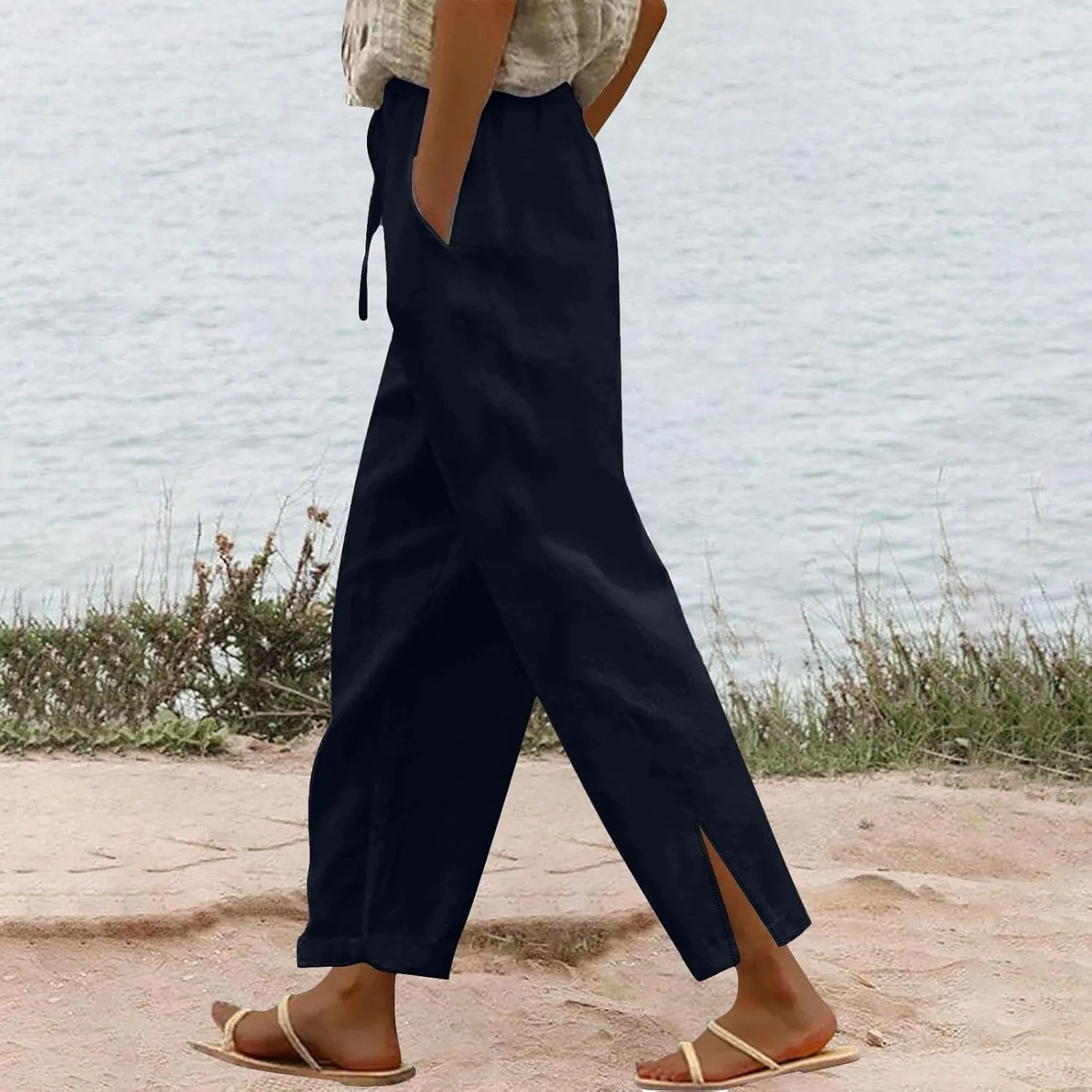 GIERIDUC Women Linen Pants Drawstring High Waist Wide Leg Casual Pants Lightweight Lounge Beach Summer Pants with Pockets