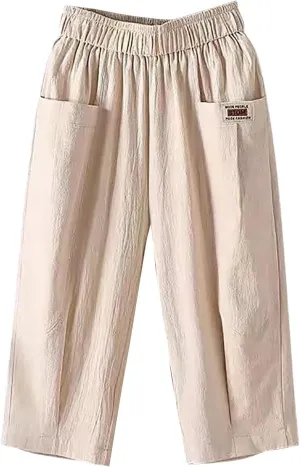 GIERIDUC Womens Baggy Wide Leg Pants Casual Linen Cropped Pant Elastic Waist Palazzo Harem Trousers with Pockets Comfy Capris