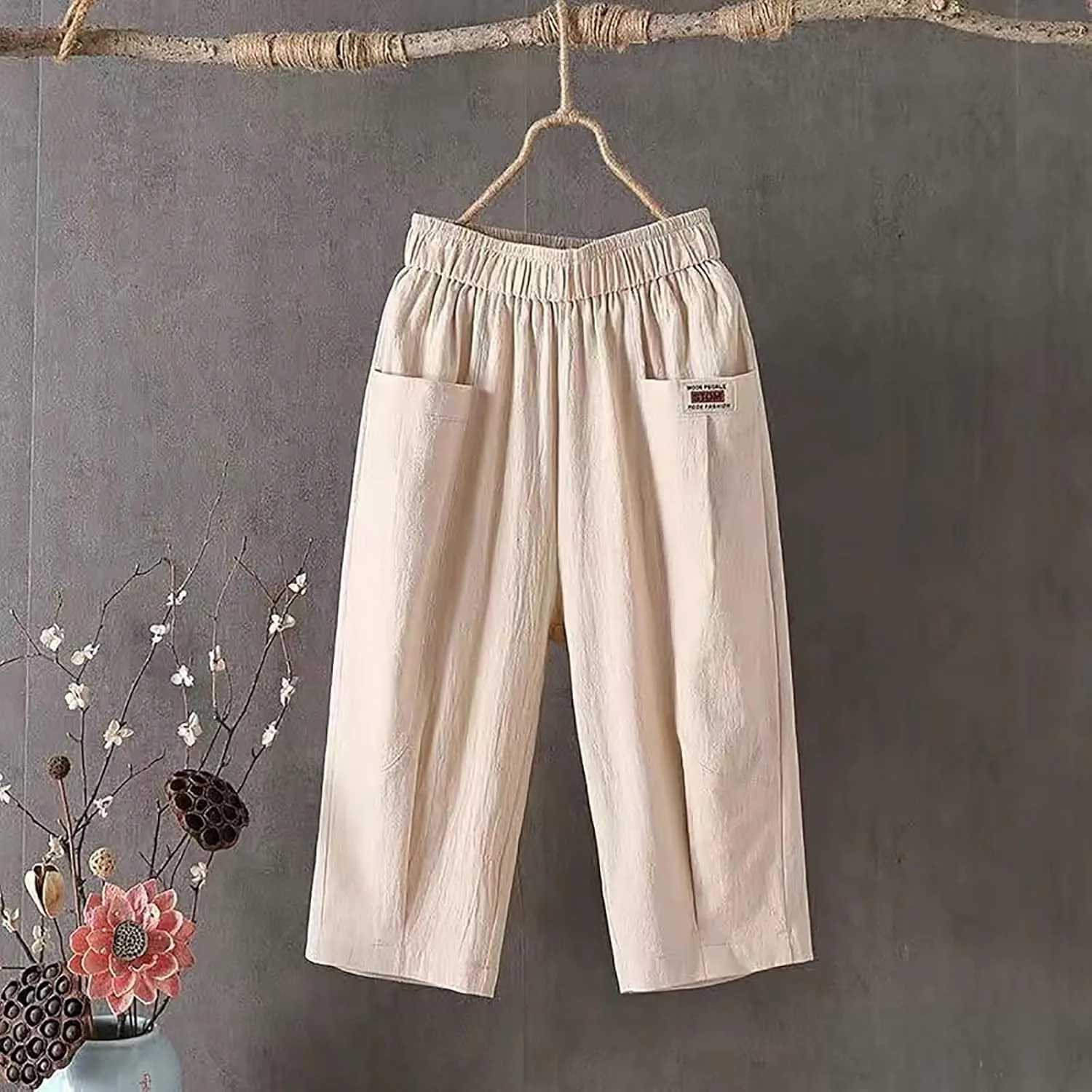 GIERIDUC Womens Baggy Wide Leg Pants Casual Linen Cropped Pant Elastic Waist Palazzo Harem Trousers with Pockets Comfy Capris