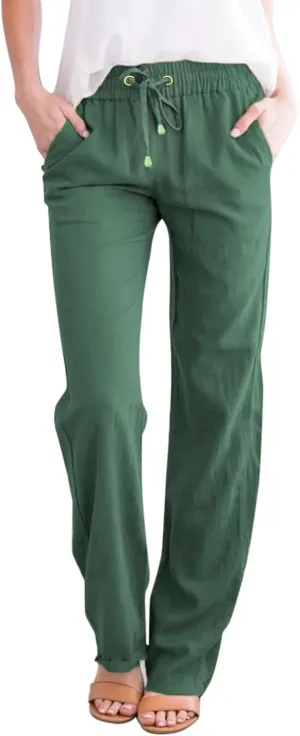 GIERIDUC Womens Casual Linen High Waist Pants Drawstring Loose Fit Summer Palazzo Pants Wide Leg Baggy Trousers with Pockets