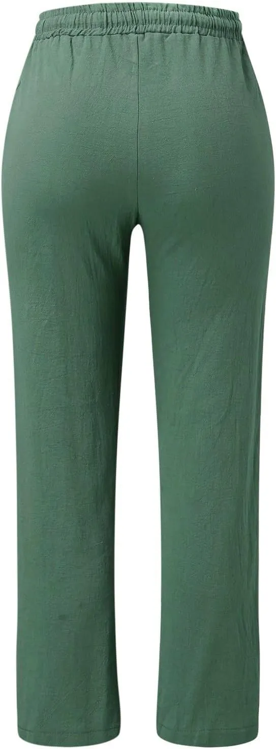 GIERIDUC Womens Casual Linen High Waist Pants Drawstring Loose Fit Summer Palazzo Pants Wide Leg Baggy Trousers with Pockets