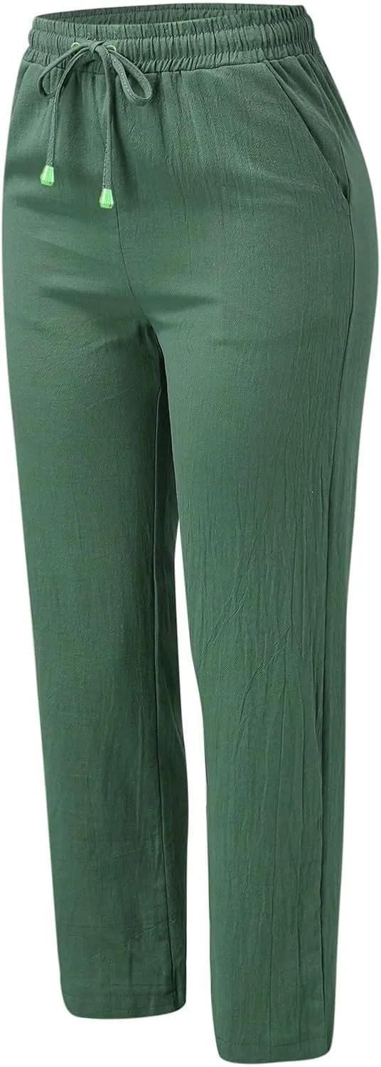 GIERIDUC Womens Casual Linen High Waist Pants Drawstring Loose Fit Summer Palazzo Pants Wide Leg Baggy Trousers with Pockets