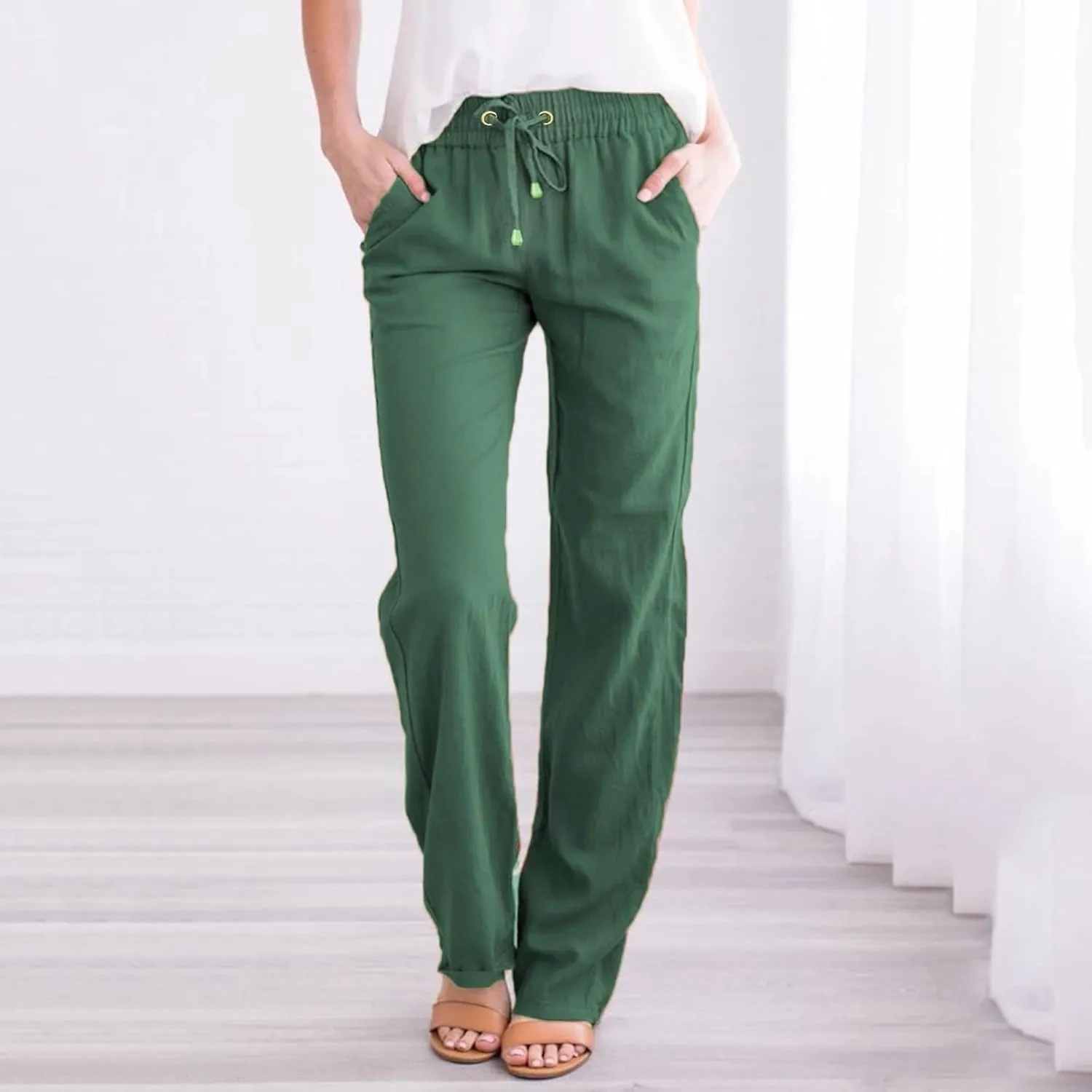 GIERIDUC Womens Casual Linen High Waist Pants Drawstring Loose Fit Summer Palazzo Pants Wide Leg Baggy Trousers with Pockets