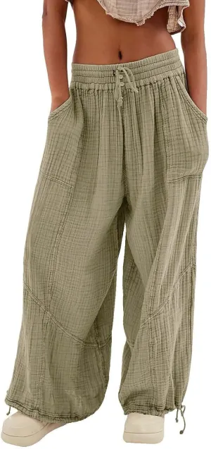 GIERIDUC Womens Casual Loose Fit Wide LegSummer Beach Drawstring Y2K Trendy Baggy Pants Trousers with Pockets