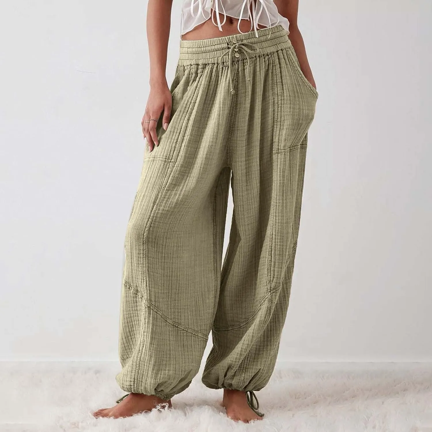 GIERIDUC Womens Casual Loose Fit Wide LegSummer Beach Drawstring Y2K Trendy Baggy Pants Trousers with Pockets