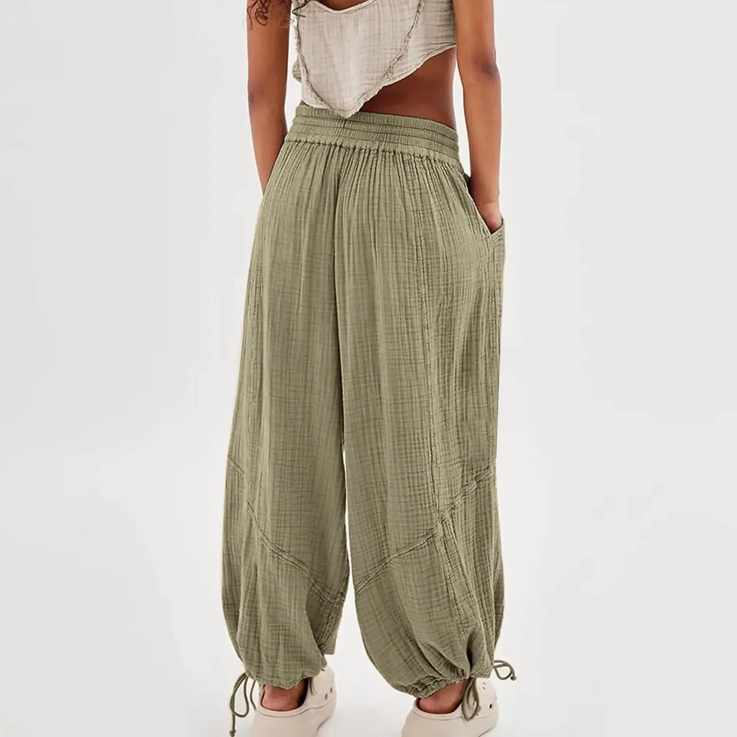 GIERIDUC Womens Casual Loose Fit Wide LegSummer Beach Drawstring Y2K Trendy Baggy Pants Trousers with Pockets