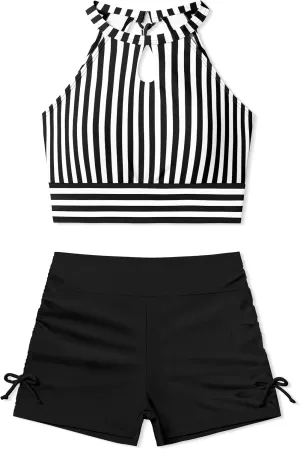 Girls Swimsuits Tankini Striped Halter Neck Cute Bathing Suits Swim Shorts 2 Piece Sets
