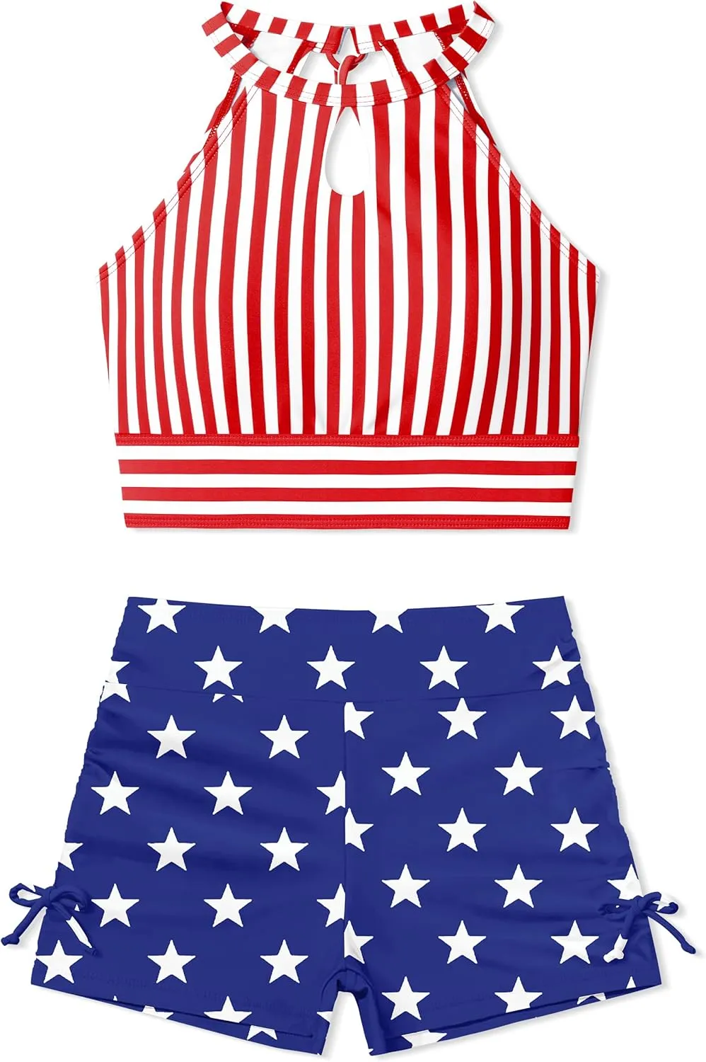 Girls Swimsuits Tankini Striped Halter Neck Cute Bathing Suits Swim Shorts 2 Piece Sets