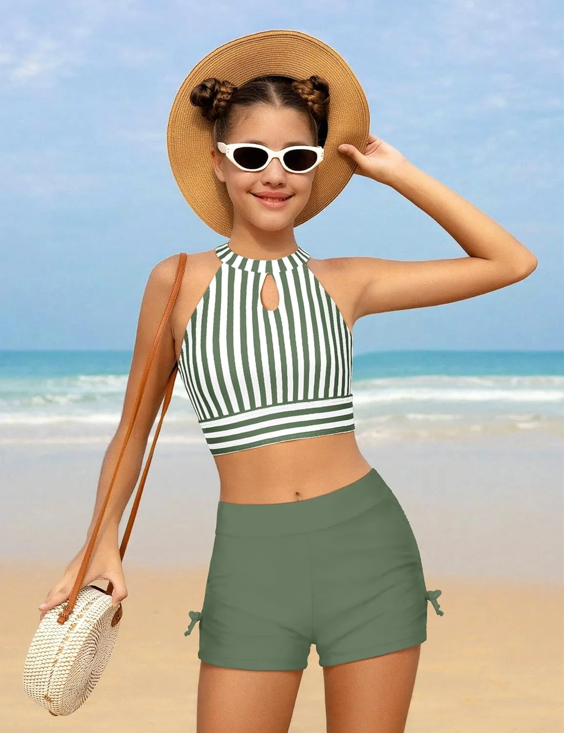 Girls Swimsuits Tankini Striped Halter Neck Cute Bathing Suits Swim Shorts 2 Piece Sets