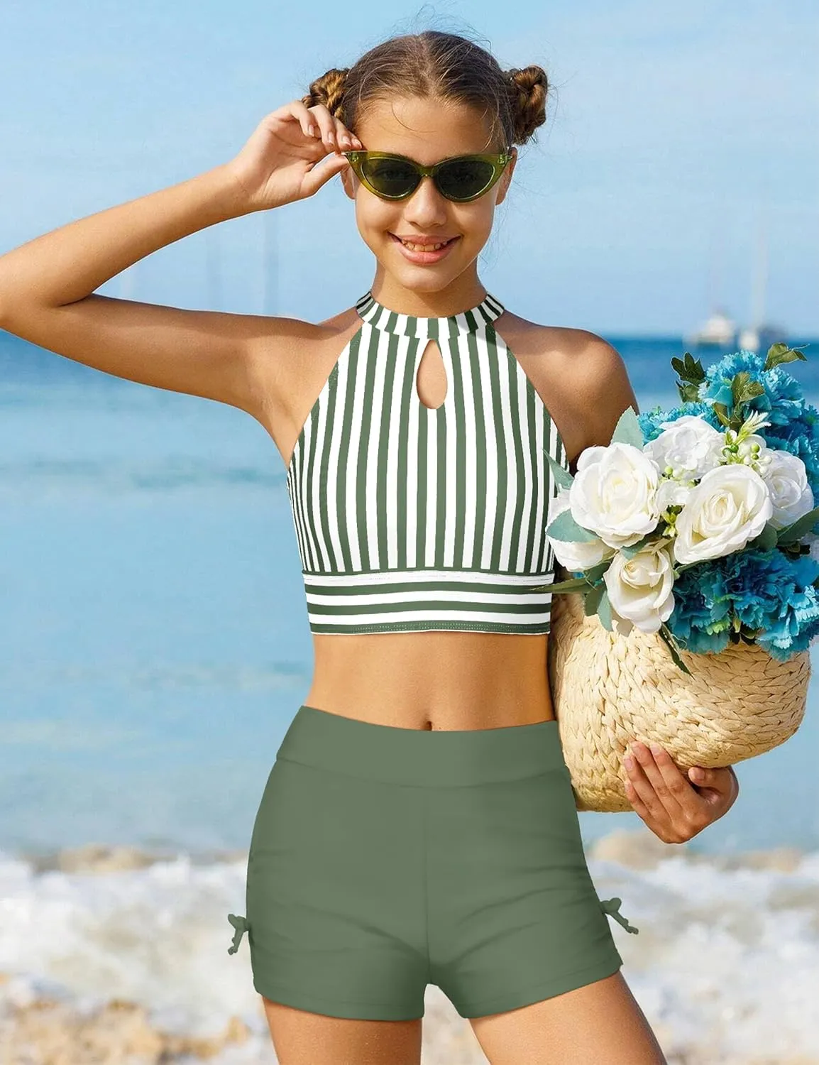Girls Swimsuits Tankini Striped Halter Neck Cute Bathing Suits Swim Shorts 2 Piece Sets