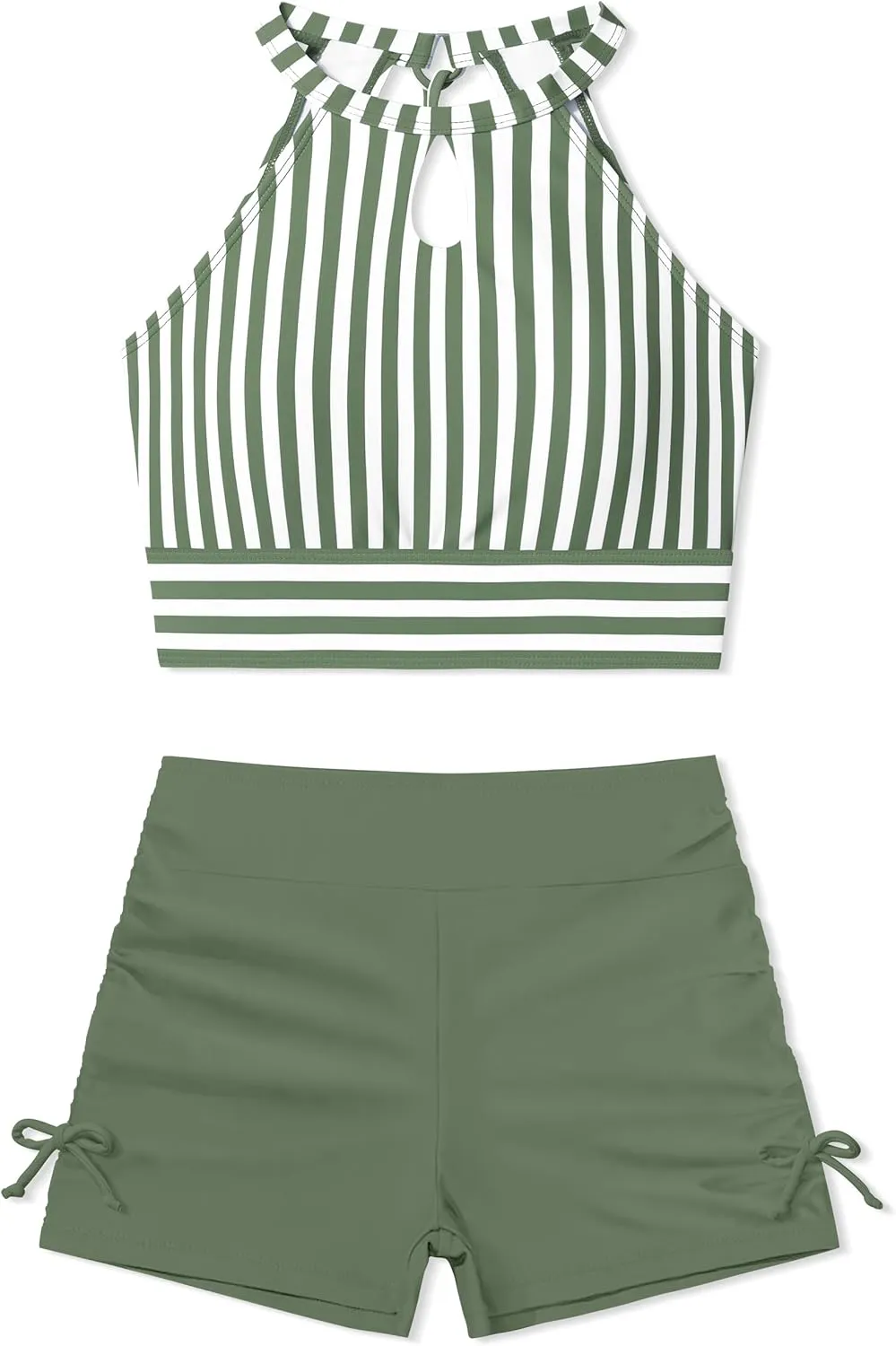 Girls Swimsuits Tankini Striped Halter Neck Cute Bathing Suits Swim Shorts 2 Piece Sets