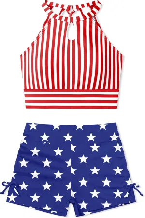 Girls Swimsuits Tankini Striped Halter Neck Cute Bathing Suits Swim Shorts 2 Piece Sets