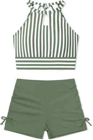 Girls Swimsuits Tankini Striped Halter Neck Cute Bathing Suits Swim Shorts 2 Piece Sets
