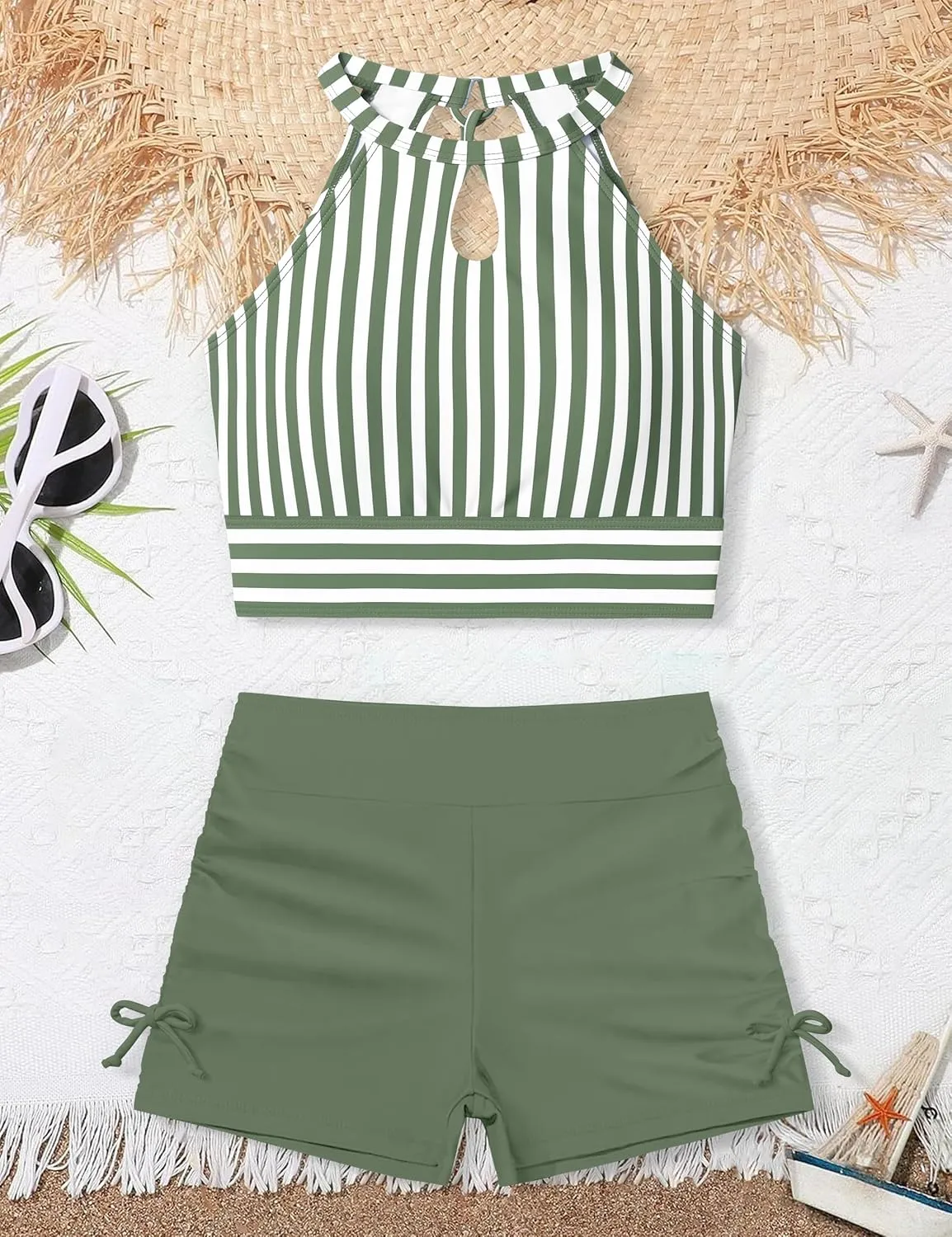 Girls Swimsuits Tankini Striped Halter Neck Cute Bathing Suits Swim Shorts 2 Piece Sets